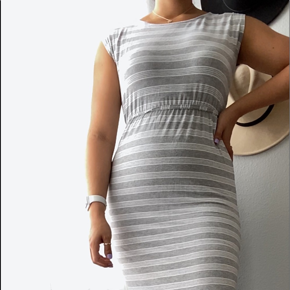 Old Navy: Grey & White Striped Midi Dress